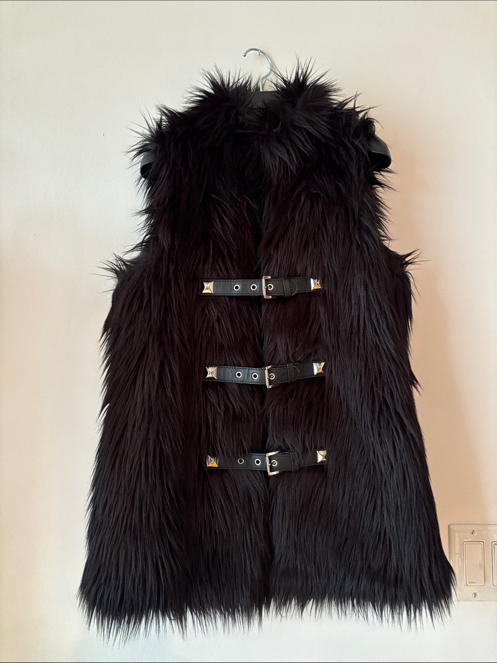 Michael Kors Black Faux Fur Vest with Buckle Accents